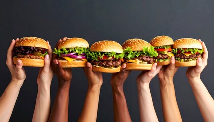 Diverse hands holding various burgers against a dark background