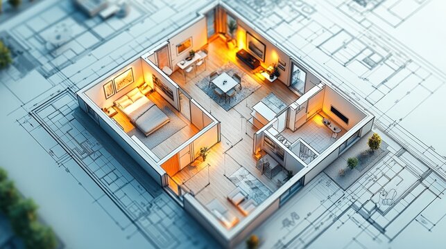 Modern home interior with warm lighting, bedroom, living area, and kitchen, overlaid on architectural blueprint floor plan