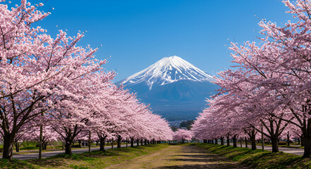 Mount Fuji framed by cherry blossom trees in full bloom. A breathtaking view of spring in Japan with vibrant pink flowers under a clear blue sky.