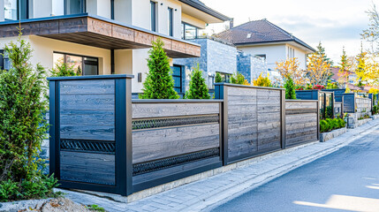 Modern residential front yard with sleek wooden privacy fence and landscaped garden