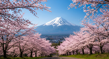 Mount Fuji framed by cherry blossom trees in full bloom. A breathtaking view of spring in Japan with vibrant pink flowers under a clear blue sky.