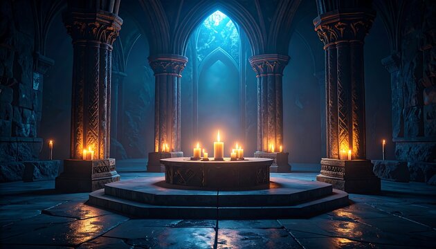 Dark gothic crypt with lit candles