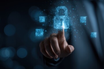 Glowing padlock illustration with a hand reaching out to touch the security symbol on transparent background