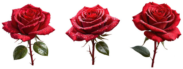 Three Red Roses with Dewdrops on a transparent background