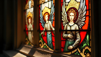 Obraz premium Ornate stained glass angels glow with sunlight in historic church window