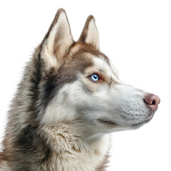 Obraz premium Close-up side profile of a beautiful husky dog, with its striking blue eyes. The dog showcases a stunning coat.