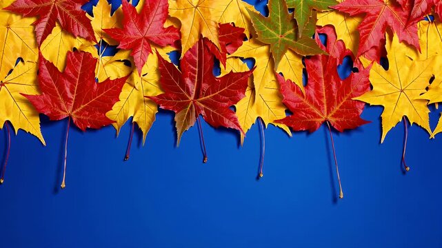 Autumn leaves rich warm hues arrange selves neat row calming blue background creative flat lay stop motion animation perfect seasonal content text