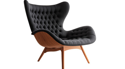 A sleek, comfortable black wooden armchair with cushioned seat and backrest, isolated on a white or transparent png background.
