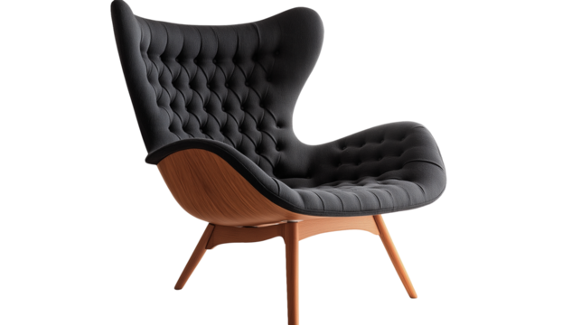 A sleek, comfortable black wooden armchair with cushioned seat and backrest, isolated on a white or transparent png background.
