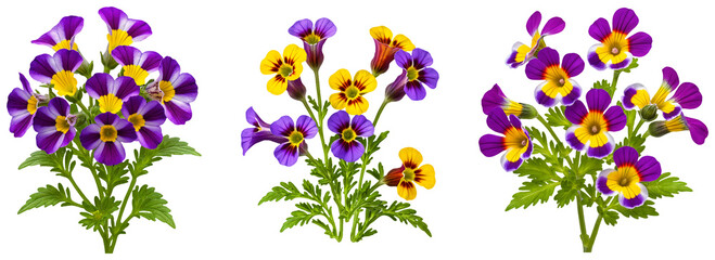 Set of Colorful Spring Flowers: Vibrant Purple and Yellow Blossoms on a transparent background