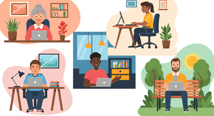 Diverse people working remotely from home and outdoors. Illustration ideal for articles about remote work, telecommuting, or work-life balance.