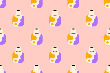 Pattern of modern ceramic vases with colorful yellow and purple shapes on pink background