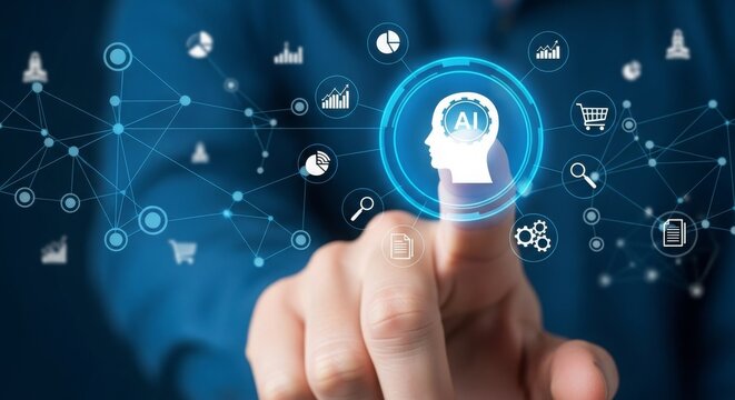 Finger Touching Digital Interface with AI Head Silhouette and Data Icons — Futuristic Illustration Highlighting Artificial Intelligence Integration in E-Commerce, Analytics, and Smart Technology