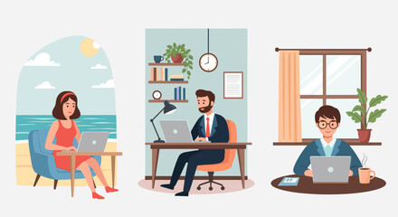 Remote Work Illustration: Diverse Professionals Working from Different Locations, Ideal for Business Websites and Presentations.