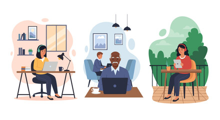 Diverse people working remotely: illustration for website, blog, or presentation on remote work, flexibility, and work-life balance.