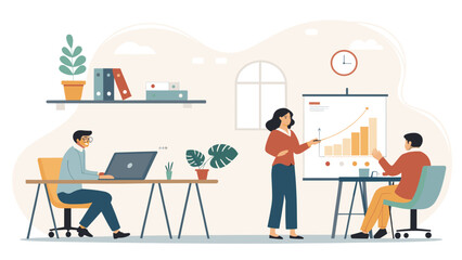 Business team meeting: colleagues collaborating on a project, reviewing data and charts. Ideal for presentations, reports, and website landing pages.