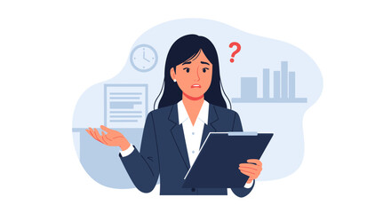 Confused businesswoman reviewing documents, perfect for websites or presentations about business challenges.