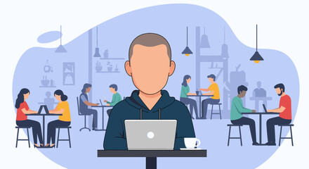 Person working on laptop in a modern cafe, ideal for illustrating remote work or coworking spaces.