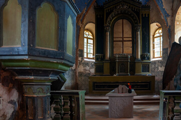 Fototapeta premium Abandoned Old Historic Ruined Decaying Stone Church 
