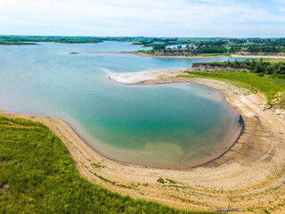 Scenic aerial view of lake Sakakawea shoreline at sunset in North Dacota