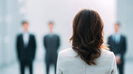 Businesswoman facing a panel of interviewers in a modern office setting
