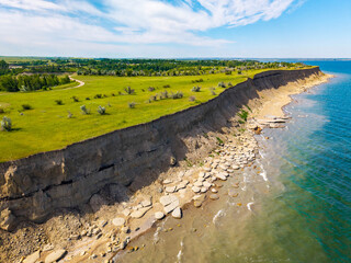 Scenic aerial view of lake Sakakawea shoreline at sunset in North Dacota