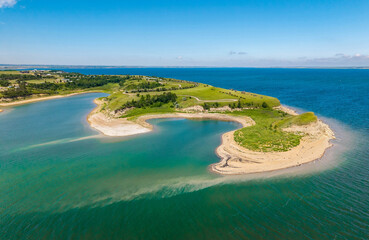 Scenic aerial view of lake Sakakawea shoreline at sunset in North Dacota