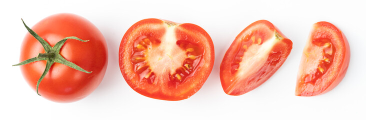 Fresh red tomato with green stem alongside sliced halves and wedges on a white background. Ideal for food, health, and culinary themes.