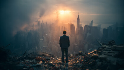 A lone figure overlooking a dystopian cityscape at sunset from a ruined rooftop