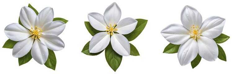 Fototapeta premium Set of White Jasmine Flowers with Green leaves on a transparent background