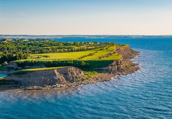 Scenic aerial view of lake Sakakawea shoreline at sunset in North Dacota