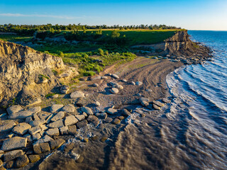 Scenic aerial view of lake Sakakawea shoreline at sunset in North Dacota