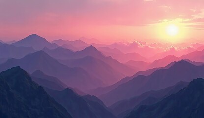 Fototapeta premium Layered Mountain Ridges at Sunset with Pink and Purple Hues