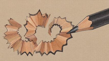 Close-Up of Pencil Sharpening with Falling Wood Shavings in Soft Natural Light