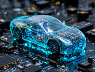 Futuristic digital car model with glowing blue circuitry on a high-tech circuit board