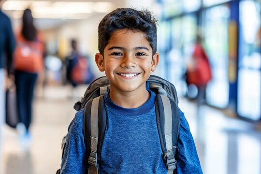 Joyful Hispanic Boy Smiling in School Classroom