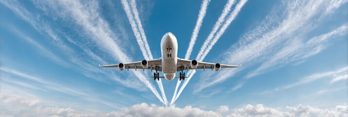 Dramatic airplane flying overhead against beautiful sky with visible contrails, creating a sense of scale on transparent background