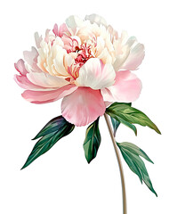 Delicate watercolor illustration of a blooming peony with soft pink and white petals and green leaves. Hand-painted botanical style, isolated on white background