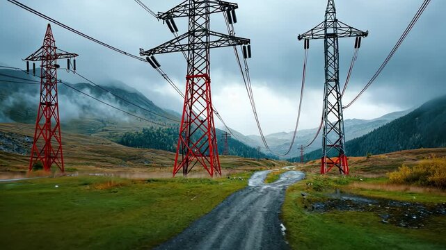Power Lines Across Mountainous Landscape