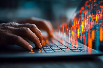 Hands typing on a keyboard with digital data visualization background