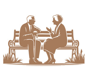 楽しく会話をする老夫婦のシルエットイラスト