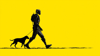 ai robot going for a walk with dog. illustration on yellow background