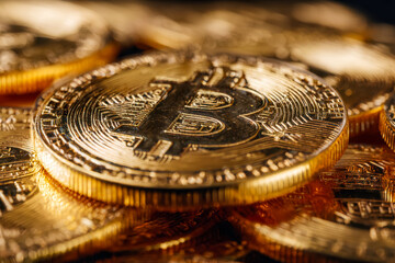 Close-up of shiny gold cryptocurrency coins with Bitcoin symbol