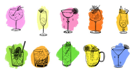 Colorful hand drawn cocktail collection of various drinks in unique glasses with citrus garnishes herbs ice cubes and decorative backgrounds sketch style vector illustration for bar and summer themes