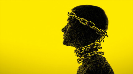 illustration of a male silhouette being chained by mental chains around the head and neck. isolated on yellow background