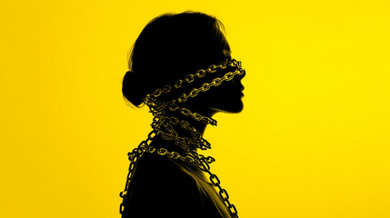 illustration of a female silhouette being chained by mental chains around the head and neck. isolated on yellow background
