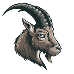 Goat head illustration with prominent horns and detailed features in a stylized design