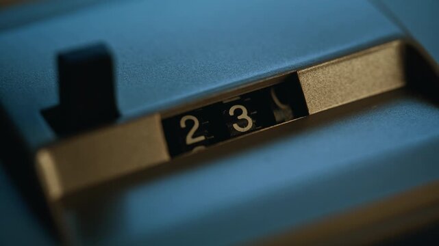 Rotating mechanical tape counter on retro music recorder closeup. Macro analog