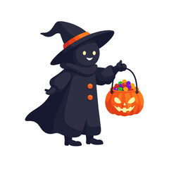 Happy character in a witch costume holding a pumpkin basket filled with colorful candies for Halloween
