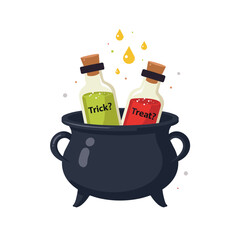 Black cauldron with two potion bottles labeled "Trick?" and "Treat?" for Halloween-themed design
